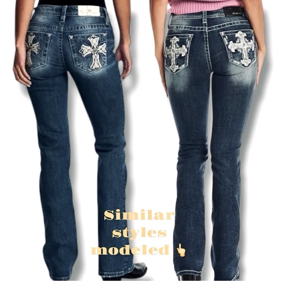 Rue21 Premiere Y2K Embellished Cross 5 Pocket Distressed Bootcut Denim Jeans 7/8 - Picture 1 of 16